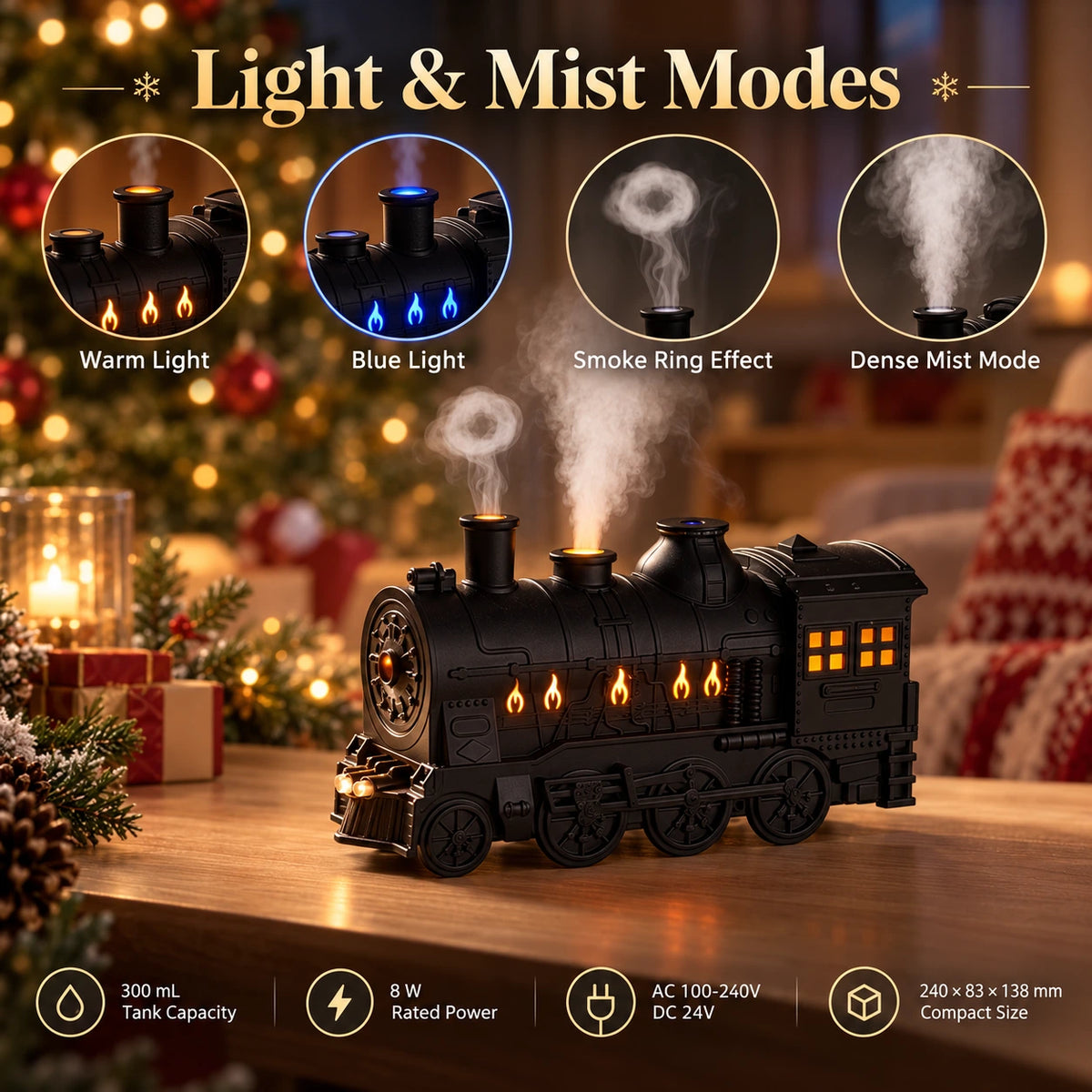 Vintage Steam Train Humidifier & Aroma Diffuser with Mist Rings and Ambient Light