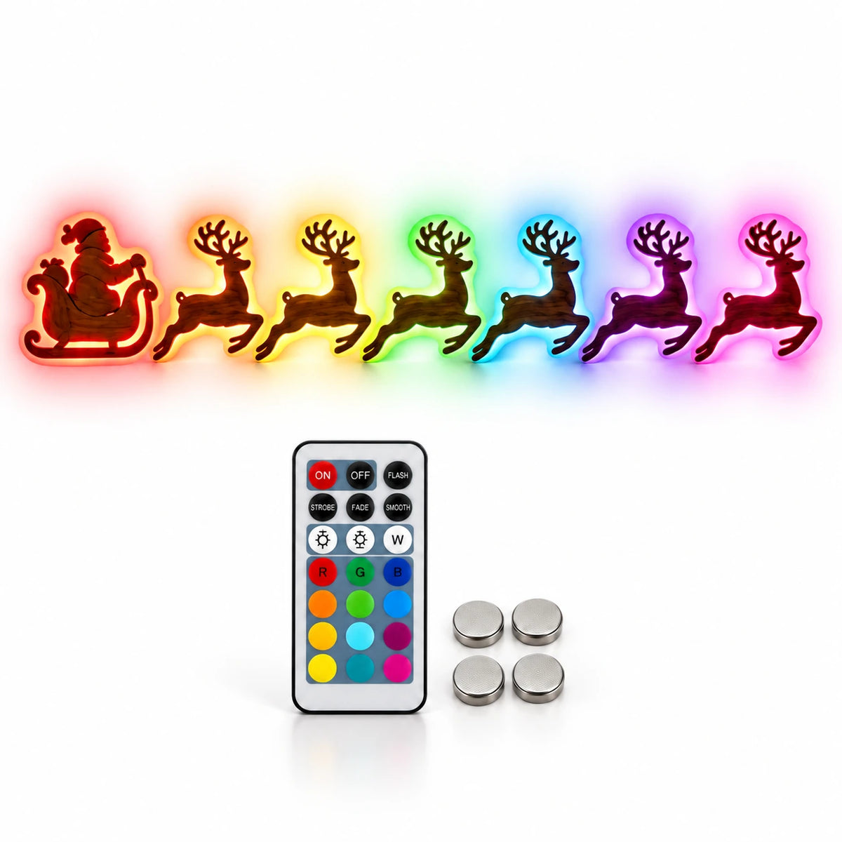 Color-changing RGB LED Christmas wall light featuring Santa Claus in a sleigh pulled by six reindeer, with a multicolor remote control and four batteries.