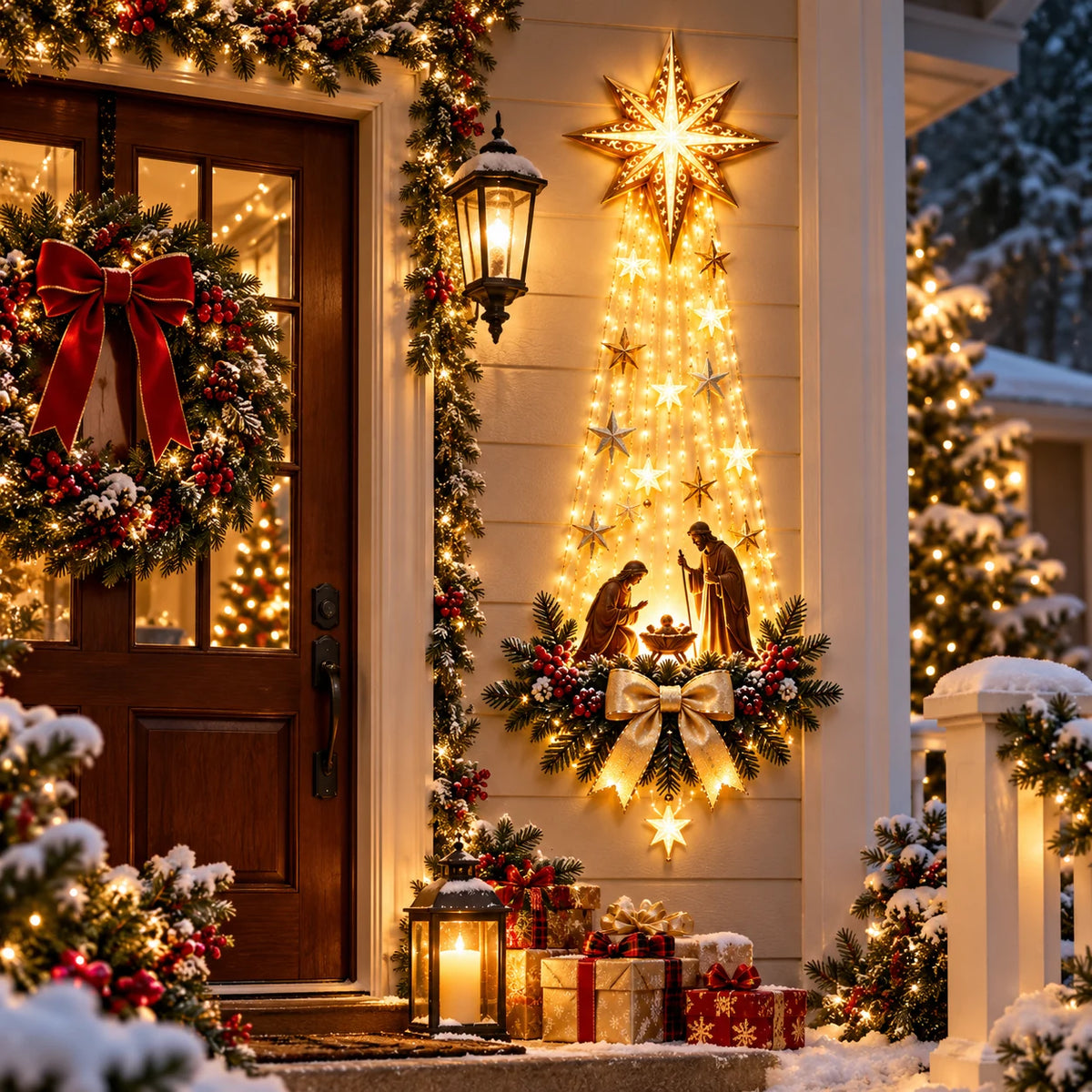 Lighted Bethlehem Star of Faith Christmas wall hanging with Nativity scene, warm LED lights and festive porch decorations.