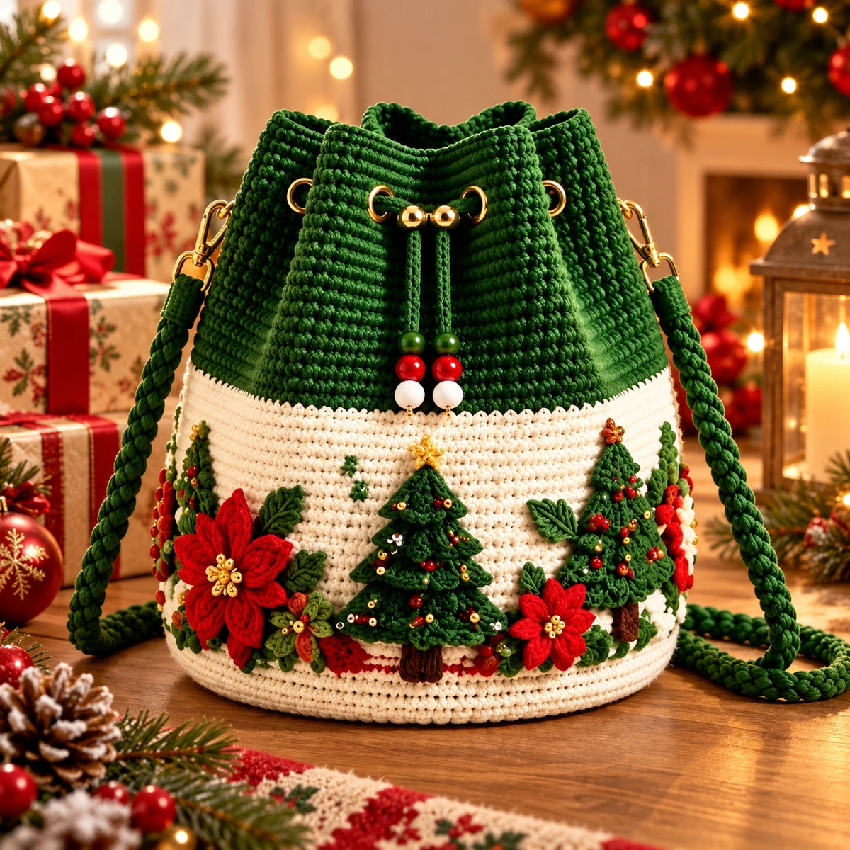 Christmas Crochet Bucket Bag – Festive Handmade Holiday Purse