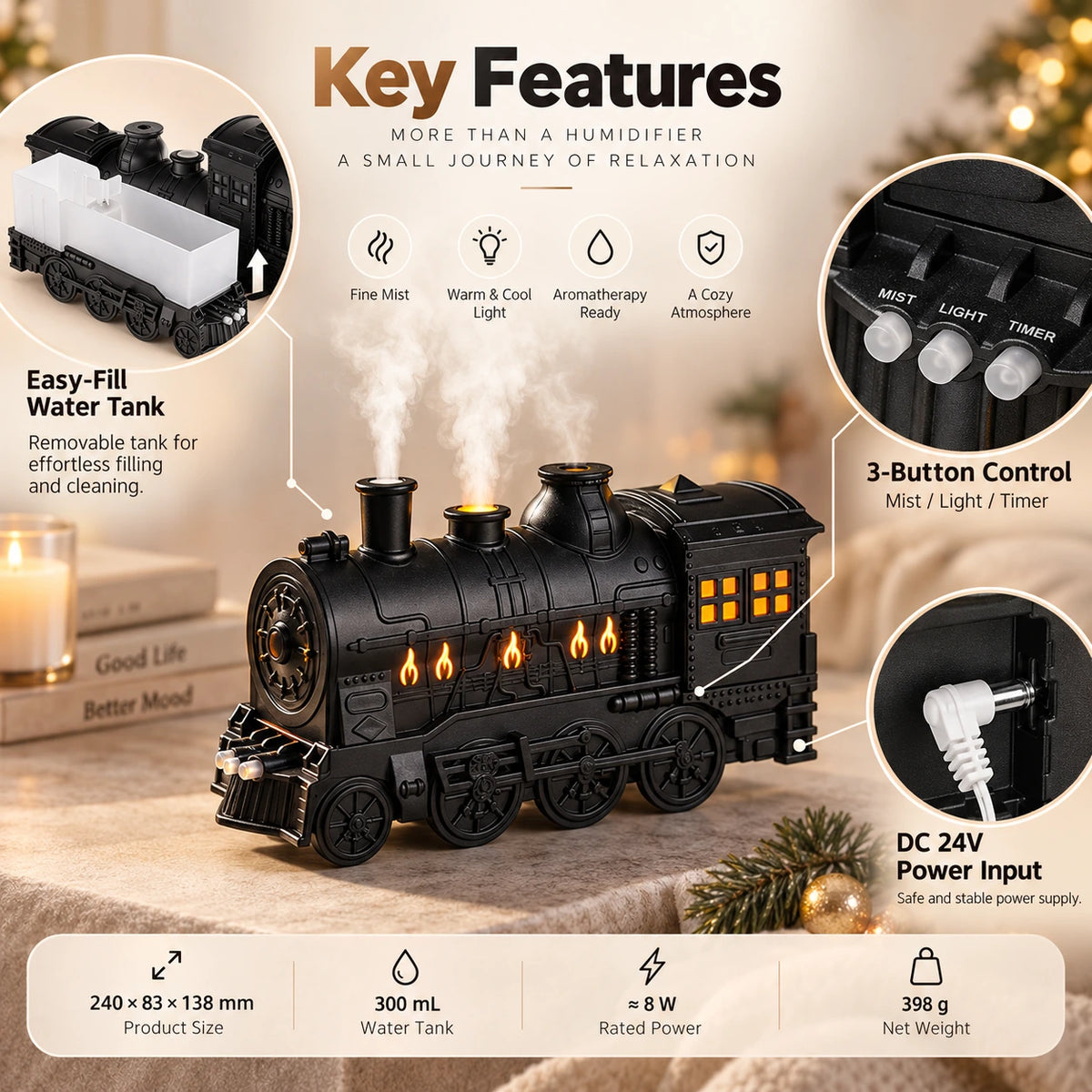 Vintage Steam Train Humidifier & Aroma Diffuser with Mist Rings and Ambient Light