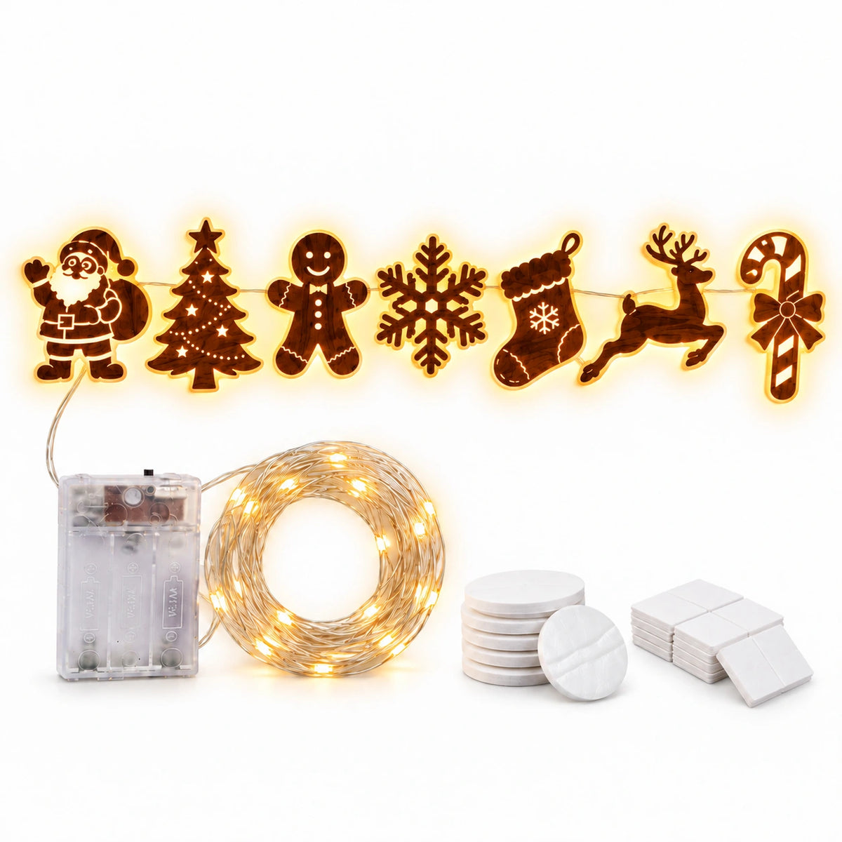 Warm white LED Christmas icon light string featuring Santa Claus, a Christmas tree, gingerbread man, snowflake, stocking, reindeer and candy cane, with battery box and mounting accessories.