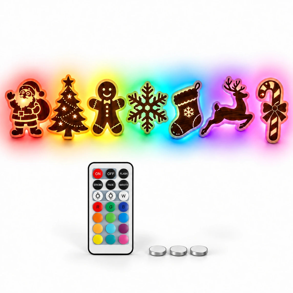 RGB LED Christmas wall light set featuring Santa Claus, Christmas tree, gingerbread man, snowflake, stocking, reindeer and candy cane, with remote control and batteries.