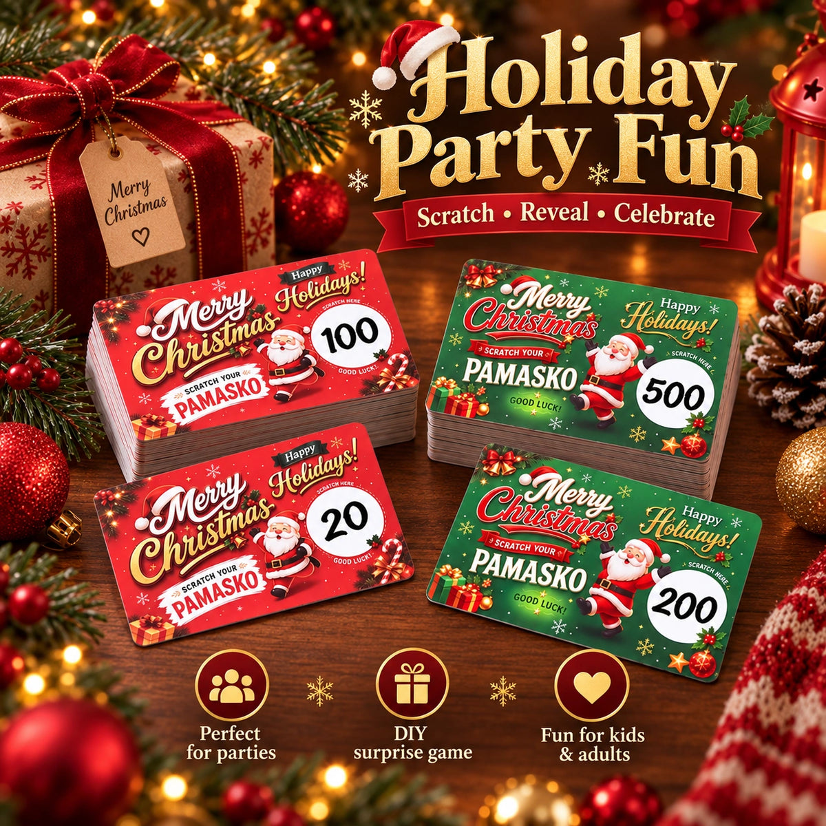 Christmas Scratch-Off Game Cards – Santa Holiday Party Prize Cards