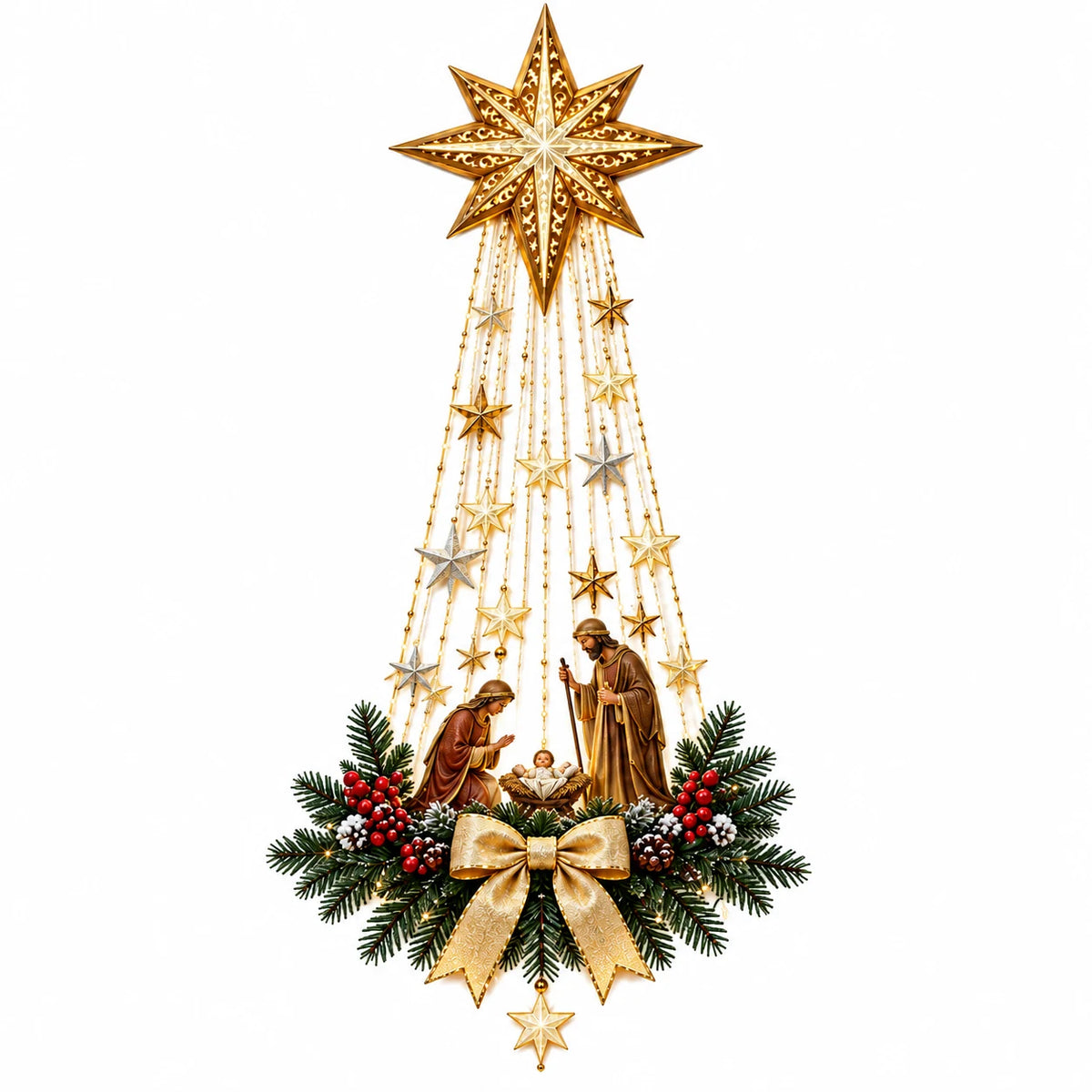 Bethlehem Star of Faith Christmas wall hanging with a gold star, illuminated Nativity scene, evergreen foliage and decorative gold bow on a white background.