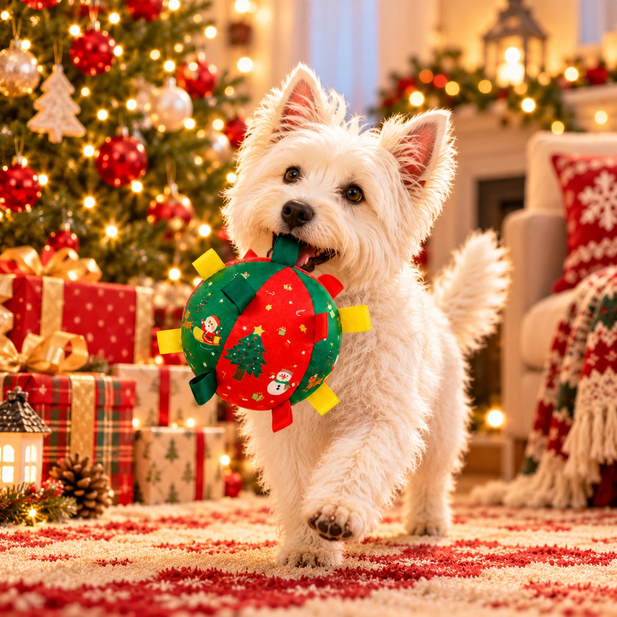Christmas Plush Interactive Dog Toy Ball – Festive Holiday Edition