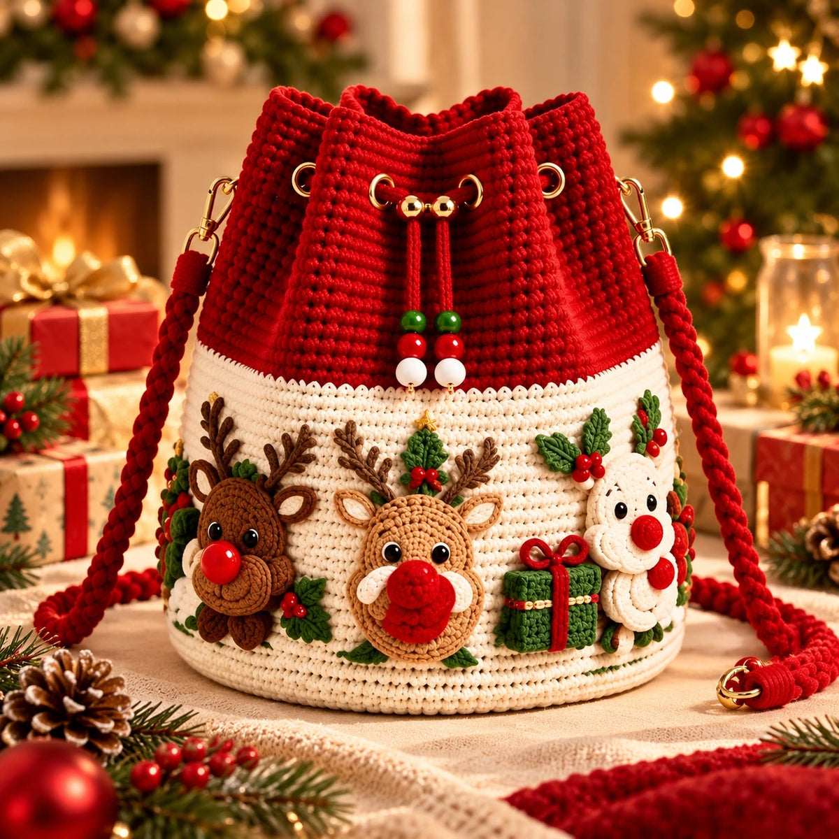 Christmas Crochet Bucket Bag – Festive Handmade Holiday Purse