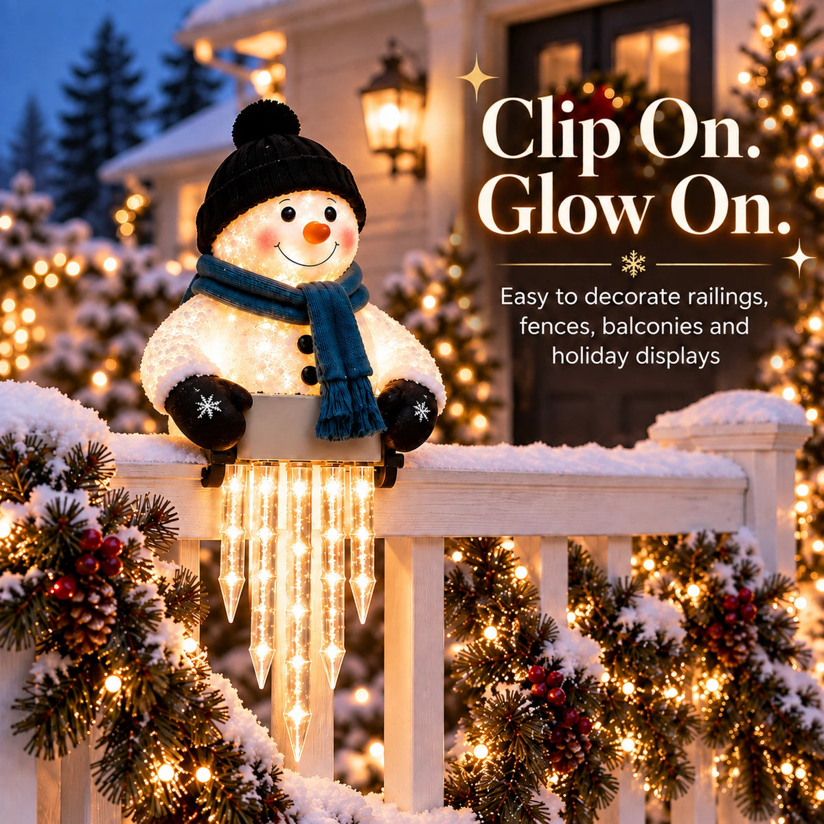 Winter Glow Snowman Icicle Light – Clip-On Christmas Porch Decoration