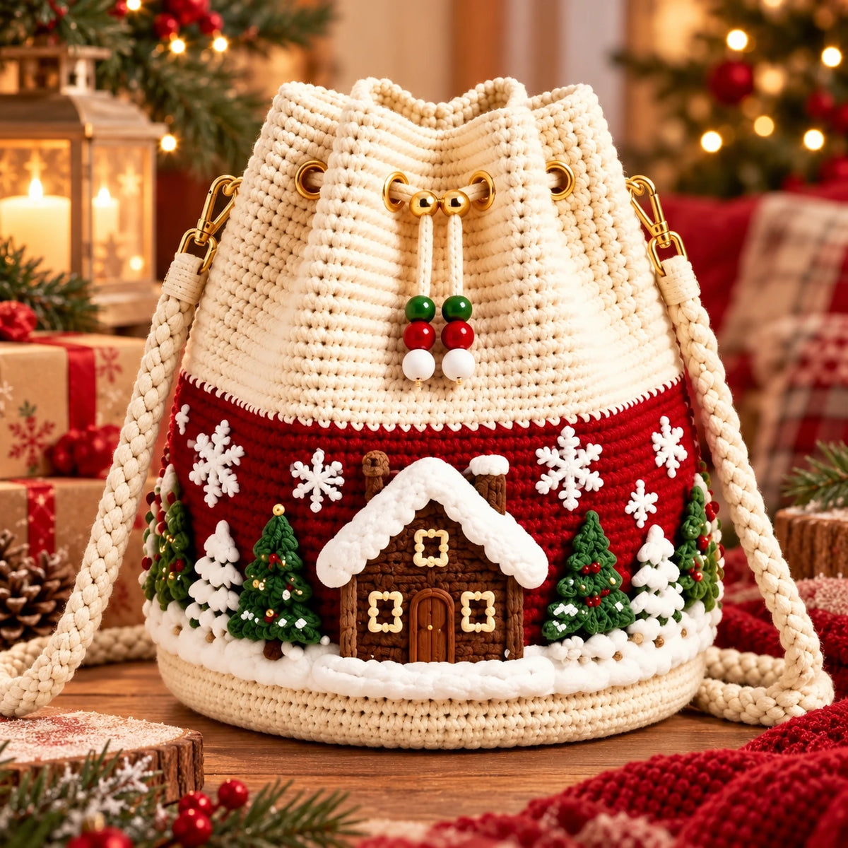 Christmas Crochet Bucket Bag – Festive Handmade Holiday Purse