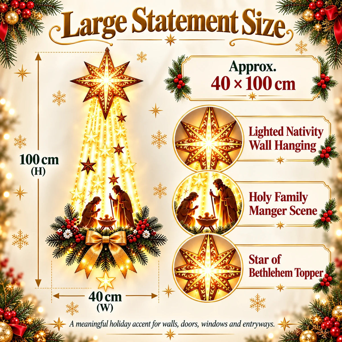 Bethlehem Star of Faith lighted Nativity wall decoration measuring approximately 40 x 100 cm, featuring warm LED lights and Holy Family figures.