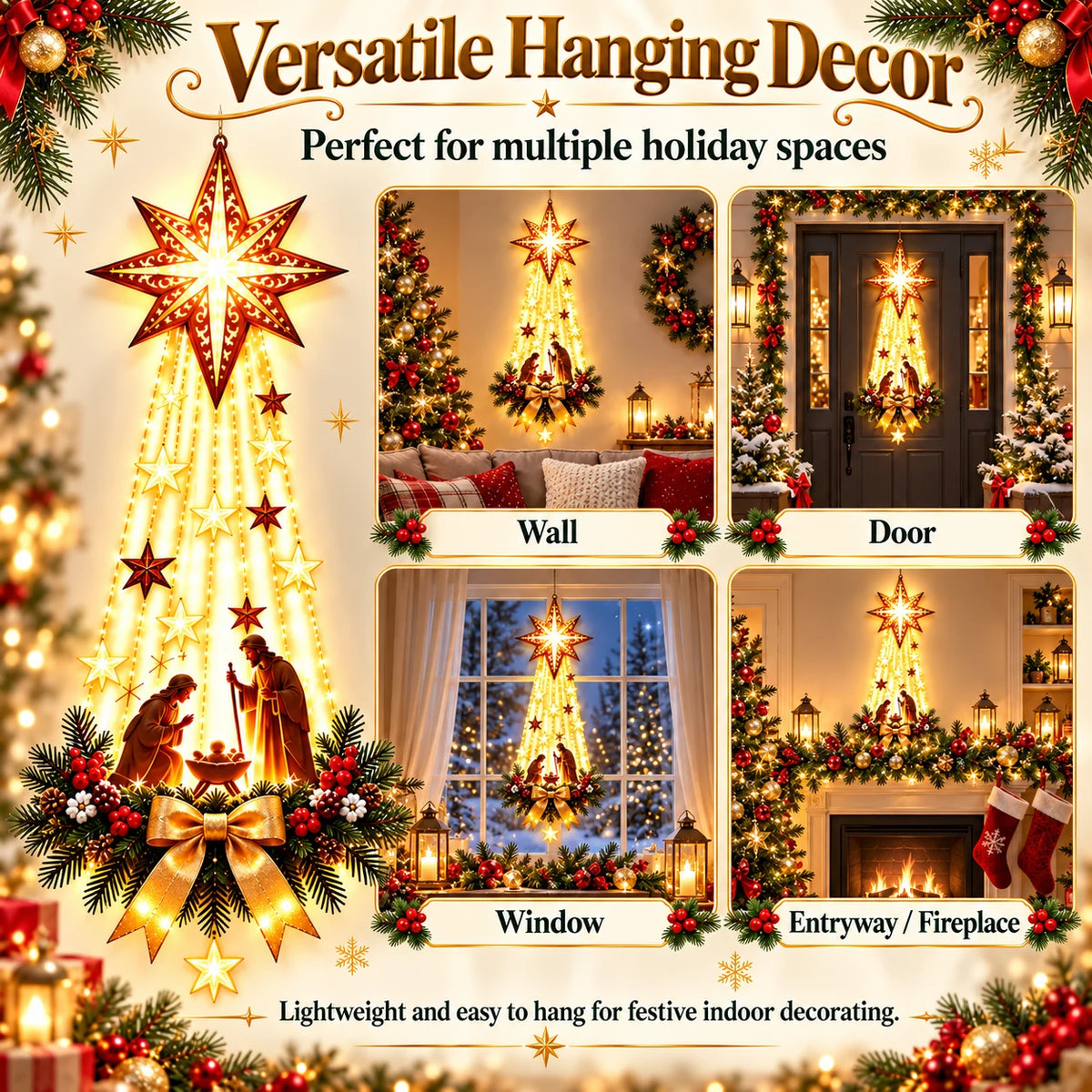 Lighted Bethlehem Star Christmas hanging decor for walls, doors, windows and fireplace areas with a festive Nativity design.