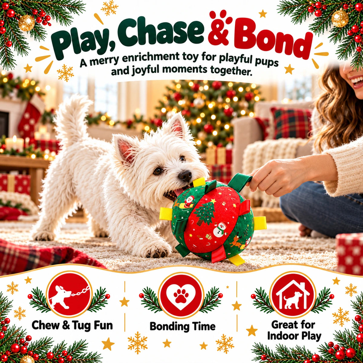 Christmas Plush Interactive Dog Toy Ball – Festive Holiday Edition