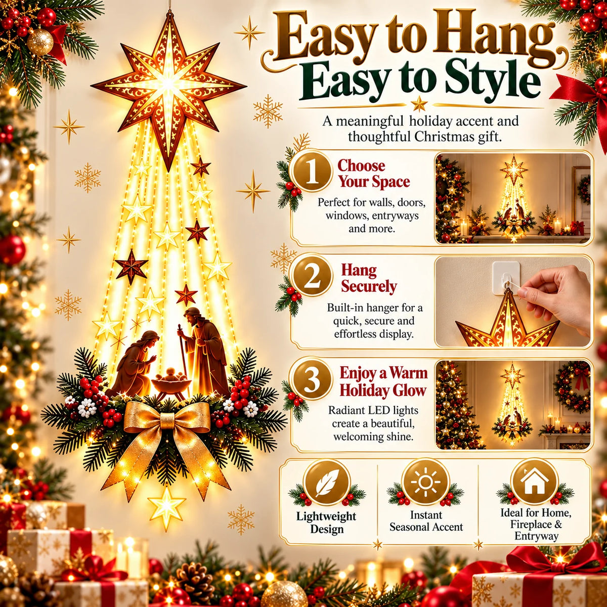 How to hang the Bethlehem Star of Faith Christmas decoration, featuring a built-in hanger, warm LED lights and festive Nativity display.