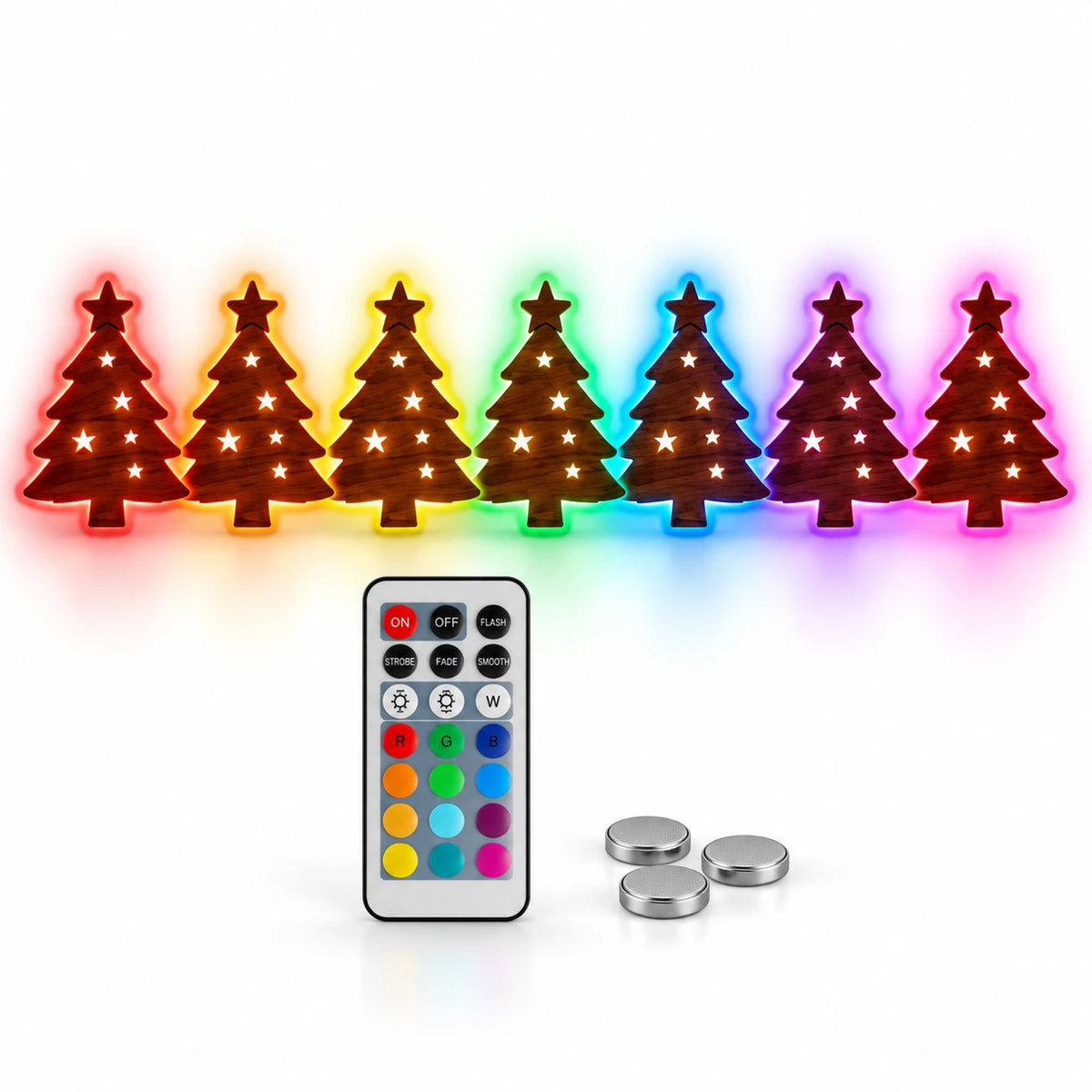 Set of seven RGB LED Christmas tree wall lights with star toppers and colorful glowing outlines, including a remote control and three batteries.