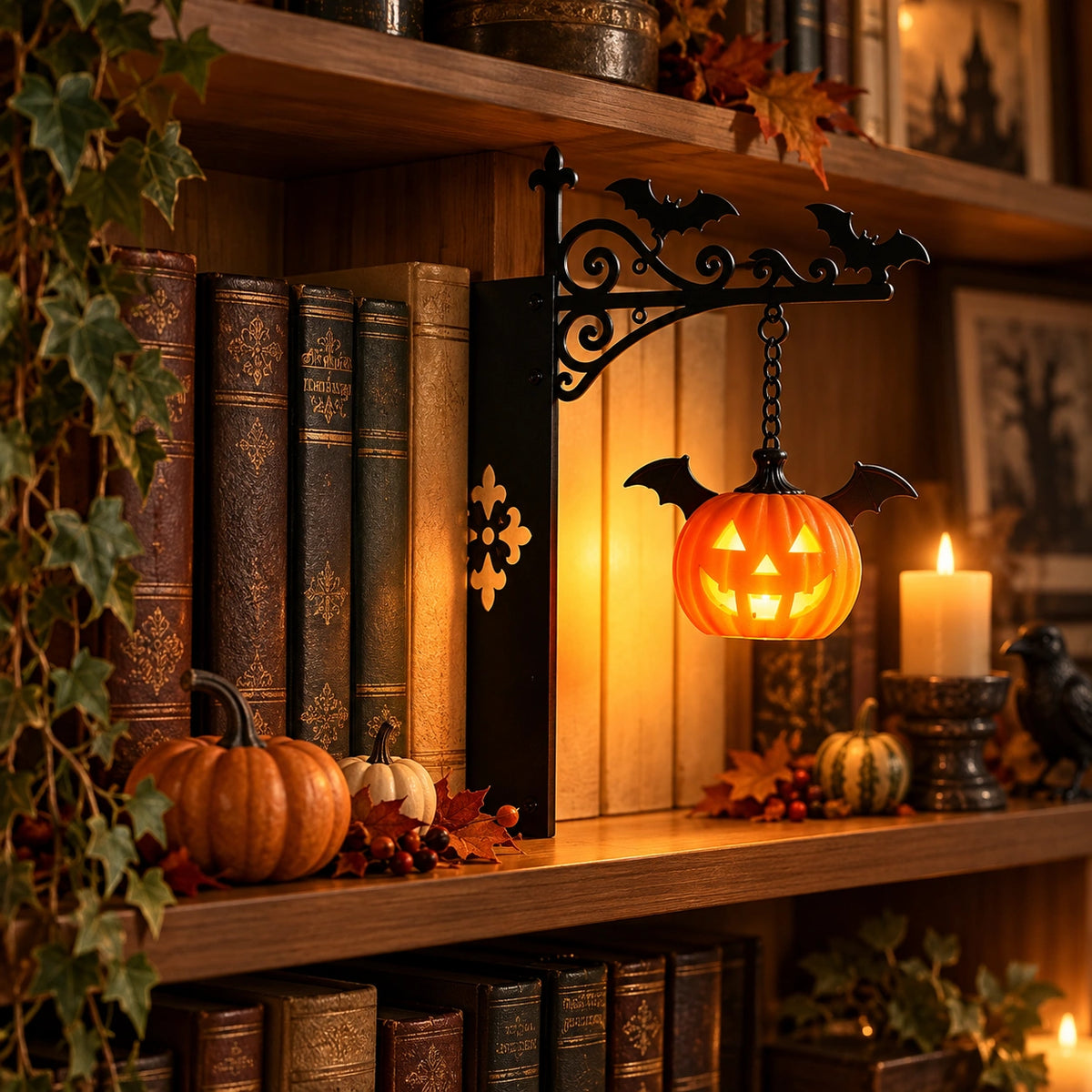 Halloween Bookshelf Lantern Light – Spooky Hanging Ghost & Witch Hat Reading Lamp