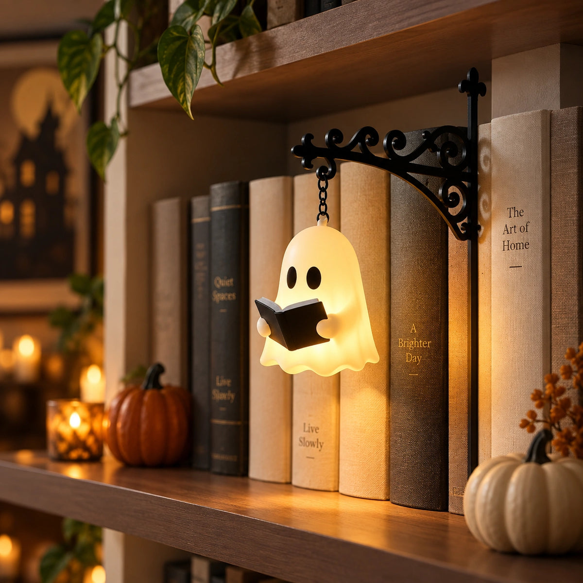 Halloween Bookshelf Lantern Light – Spooky Hanging Ghost & Witch Hat Reading Lamp