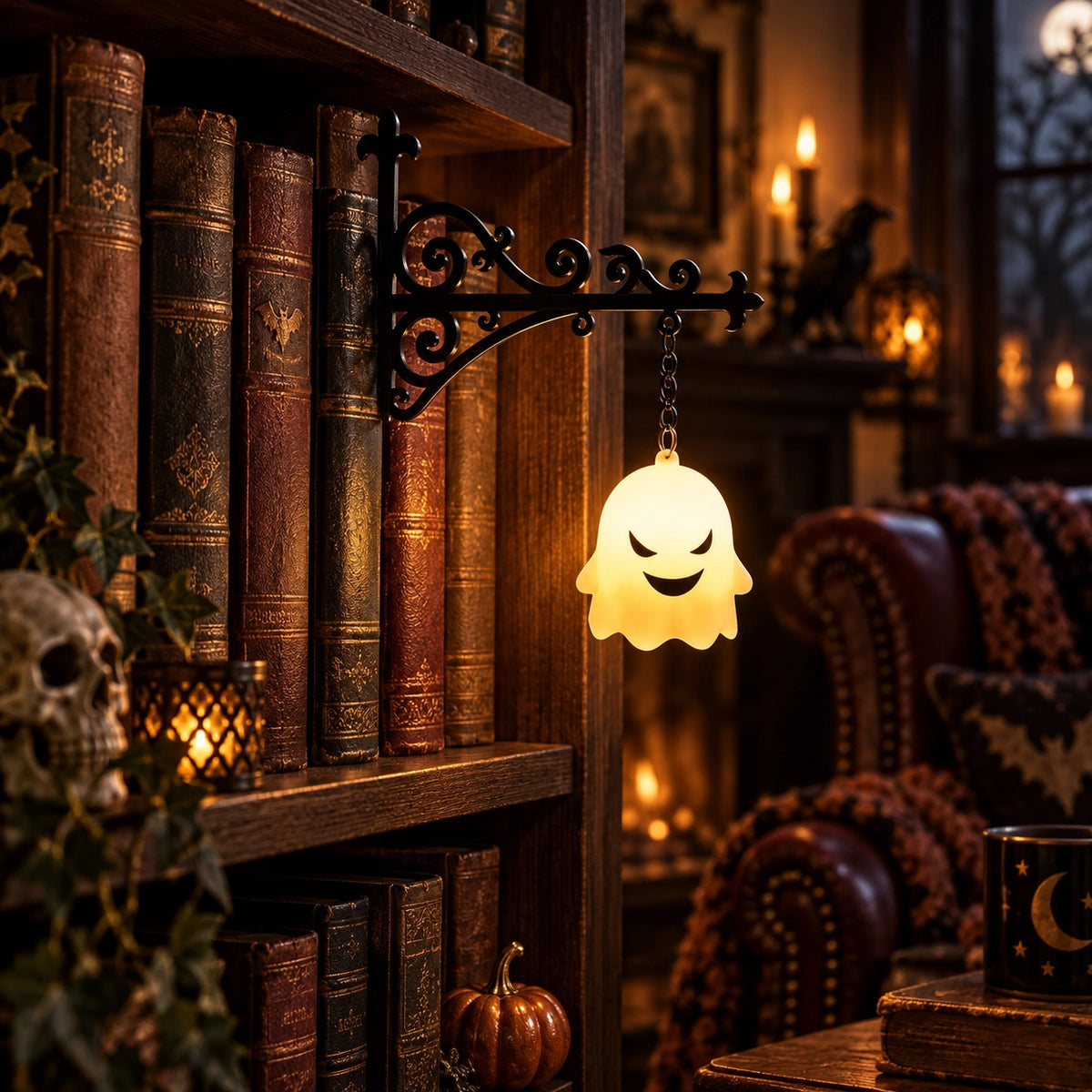 Halloween Bookshelf Lantern Light – Spooky Hanging Ghost & Witch Hat Reading Lamp