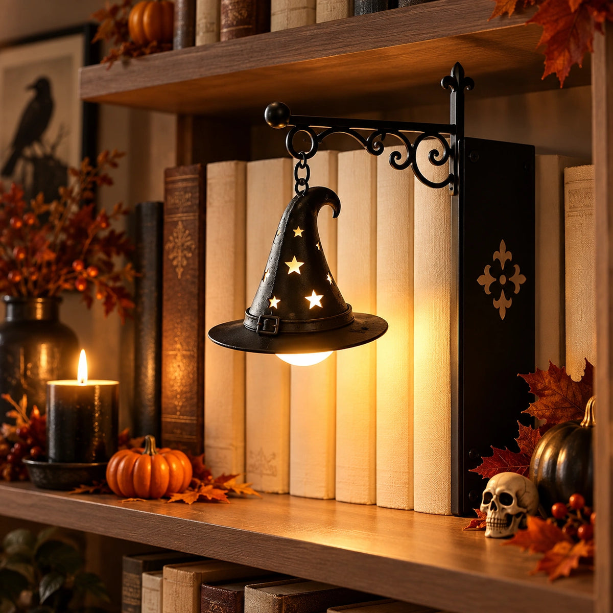Halloween Bookshelf Lantern Light – Spooky Hanging Ghost & Witch Hat Reading Lamp