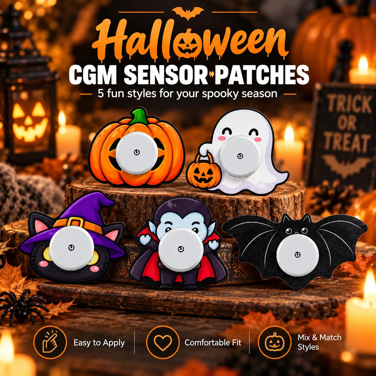 Halloween CGM Sensor Adhesive Patch – Fun Protective Covers for Glucose Monitor Sensors