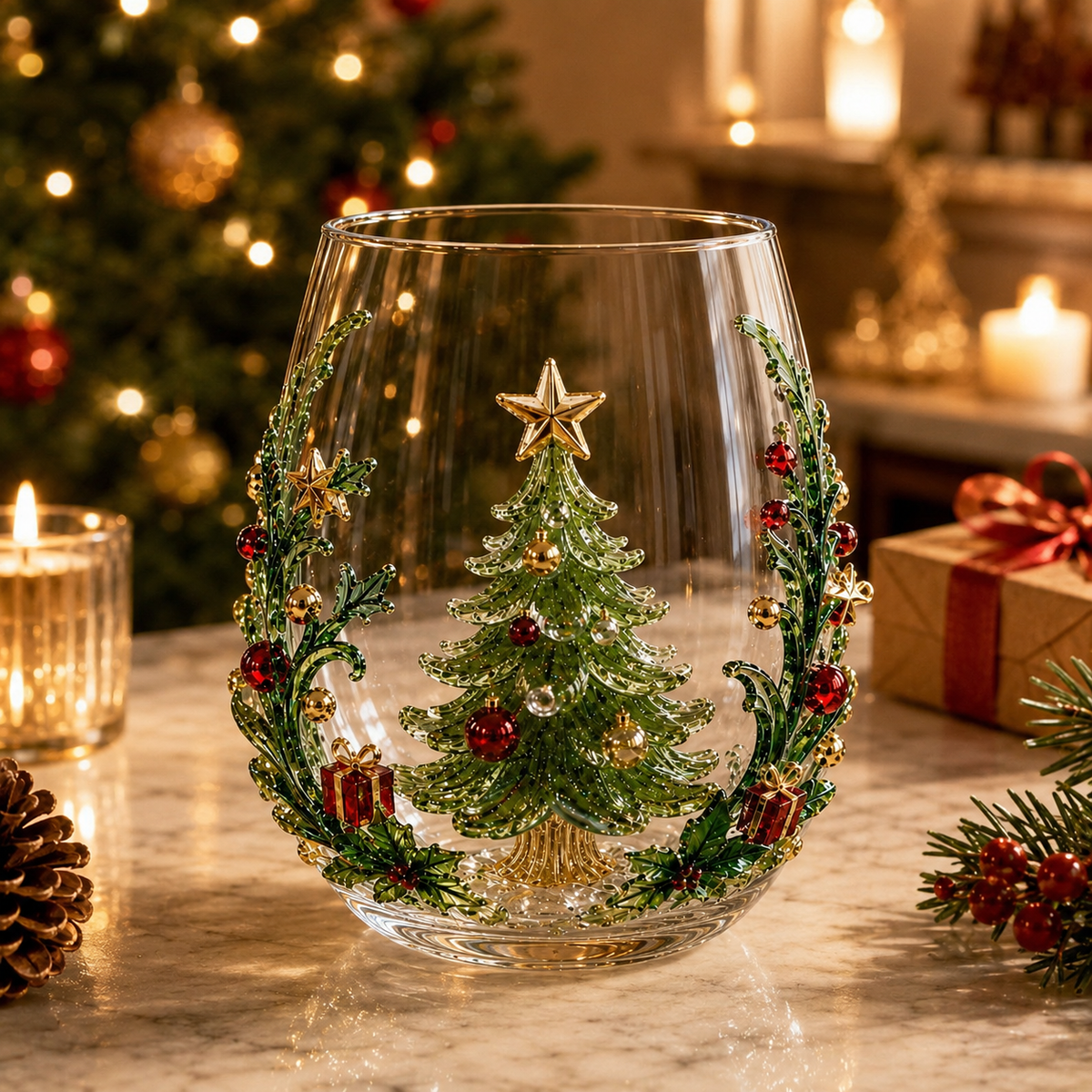 Christmas Glass Art Tumbler – 3D Holiday Design Glass Cup, 300ml
