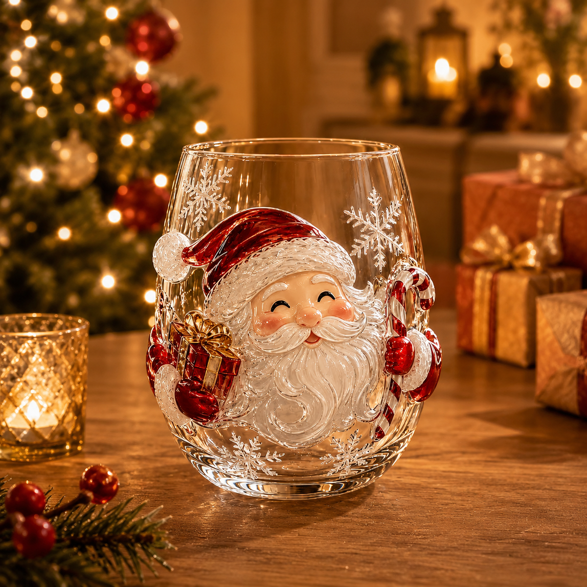 Christmas Glass Art Tumbler – 3D Holiday Design Glass Cup, 300ml