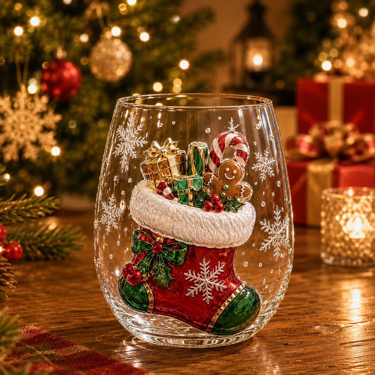 Christmas Glass Art Tumbler – 3D Holiday Design Glass Cup, 300ml