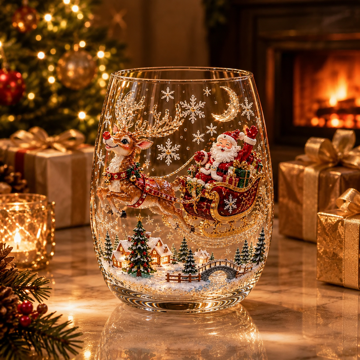 Christmas Glass Art Tumbler – 3D Holiday Design Glass Cup, 300ml