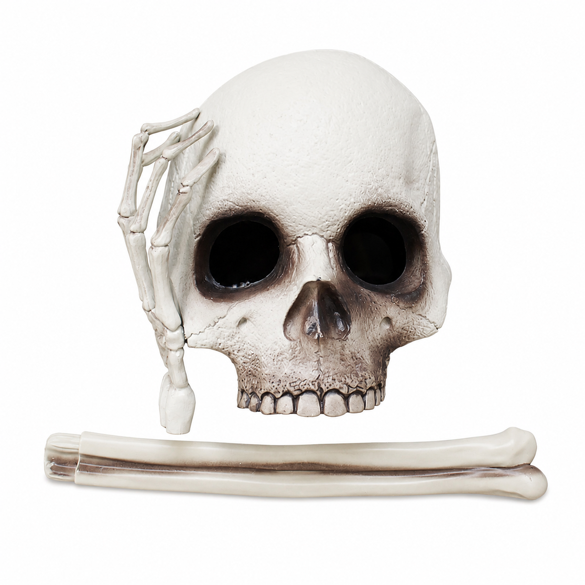 Handheld Skull Mask with Skeleton Hand – Halloween Horror Costume Prop