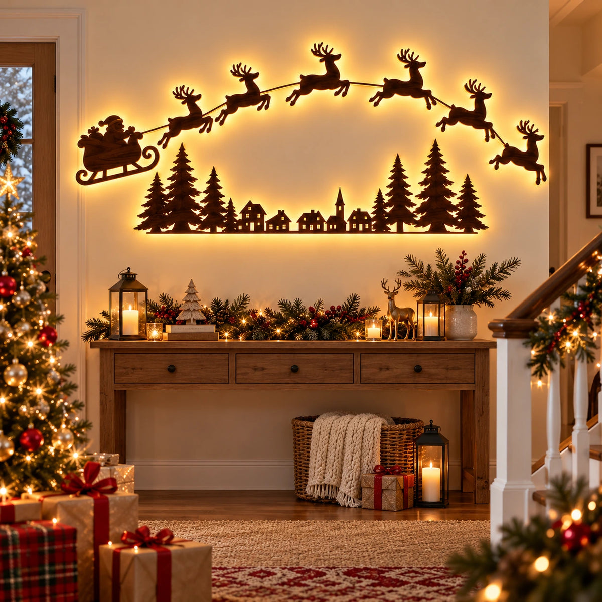 Warm white LED Christmas wall decor featuring Santa's sleigh and reindeer above a wooden console table in a festive holiday entryway.