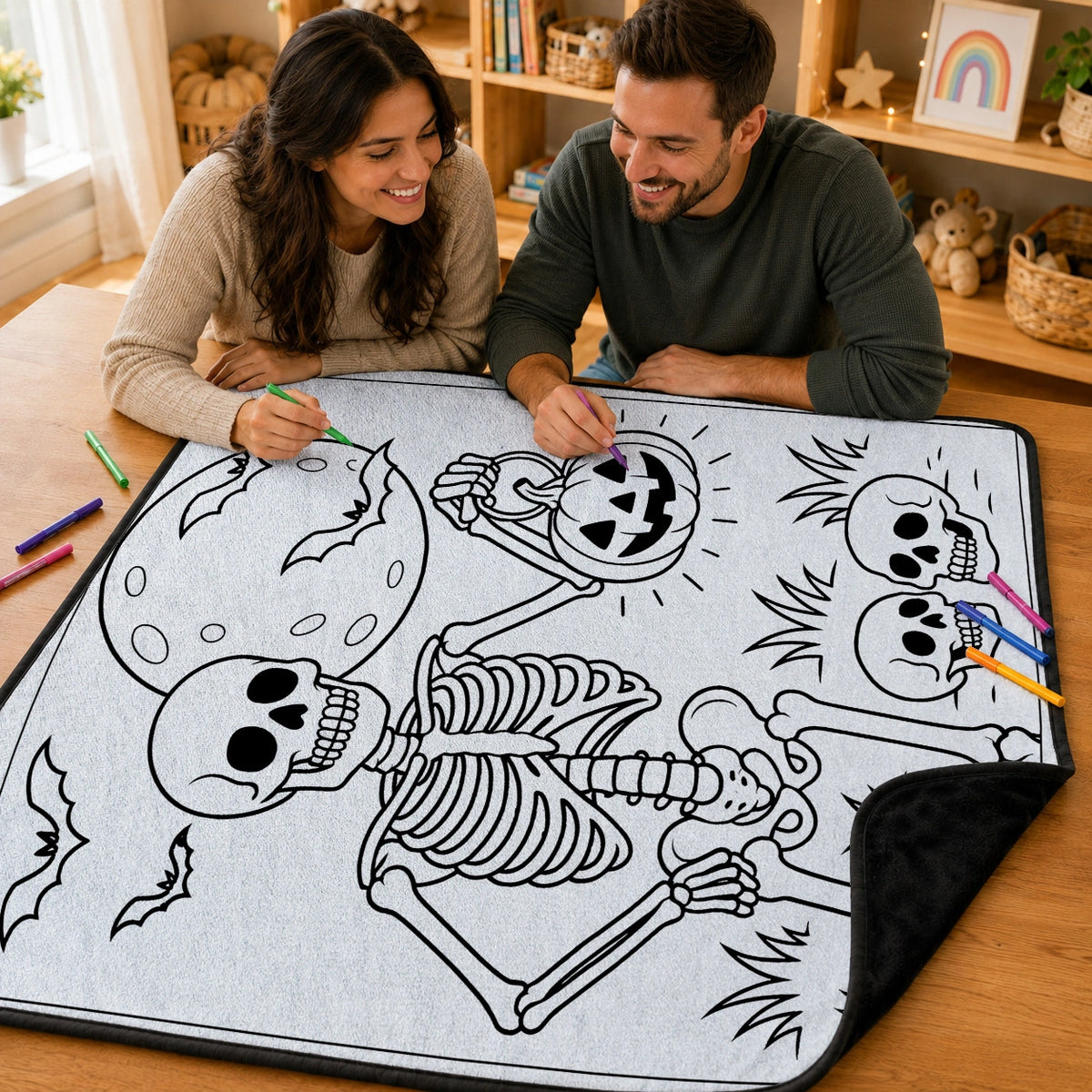 Halloween DIY Coloring Blanket for Kids & Family – Reusable Double-Layer Fleece Art Blanket with Markers