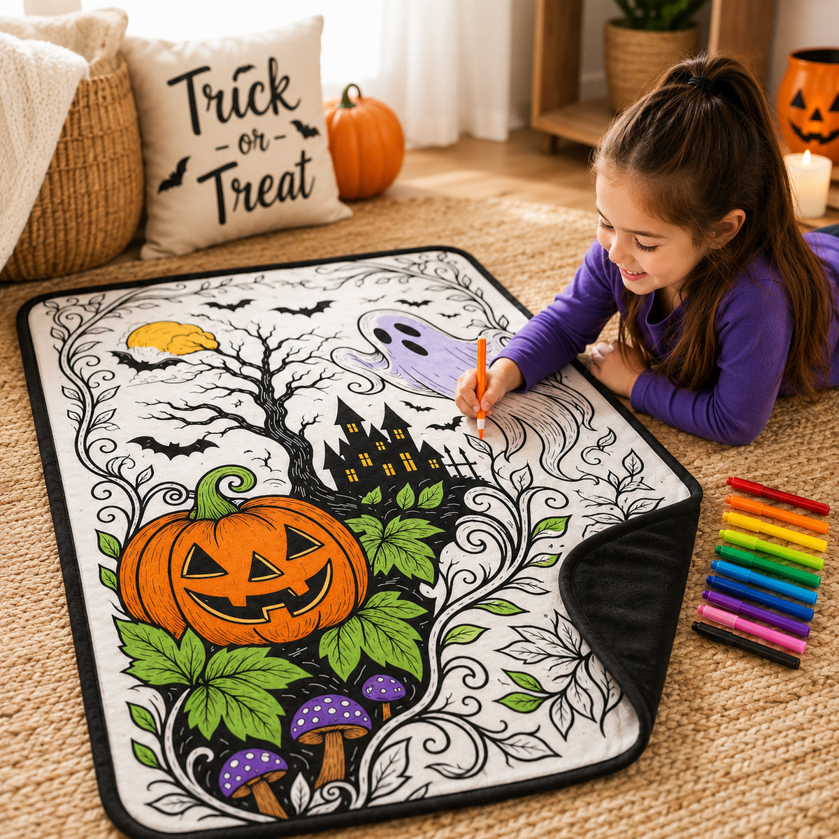 Halloween DIY Coloring Blanket for Kids & Family – Reusable Double-Layer Fleece Art Blanket with Markers