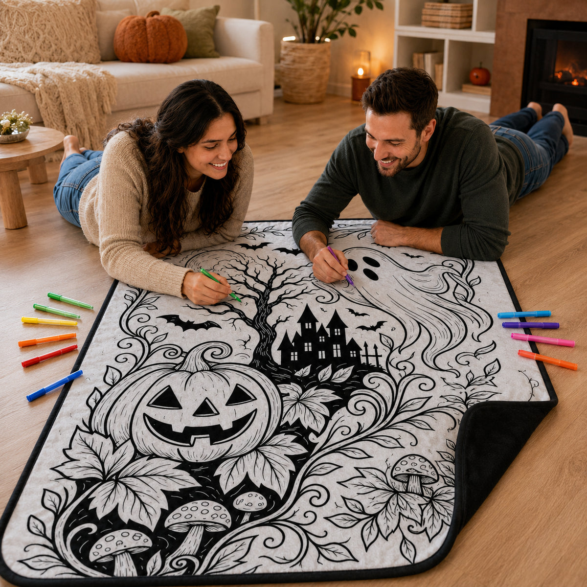 Halloween DIY Coloring Blanket for Kids & Family – Reusable Double-Layer Fleece Art Blanket with Markers