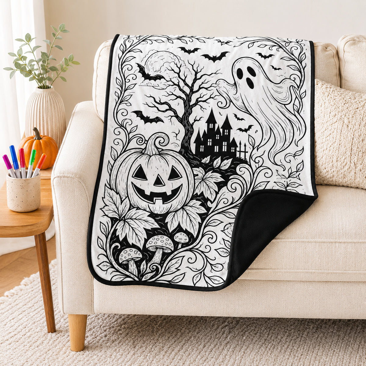 Halloween DIY Coloring Blanket for Kids & Family – Reusable Double-Layer Fleece Art Blanket with Markers