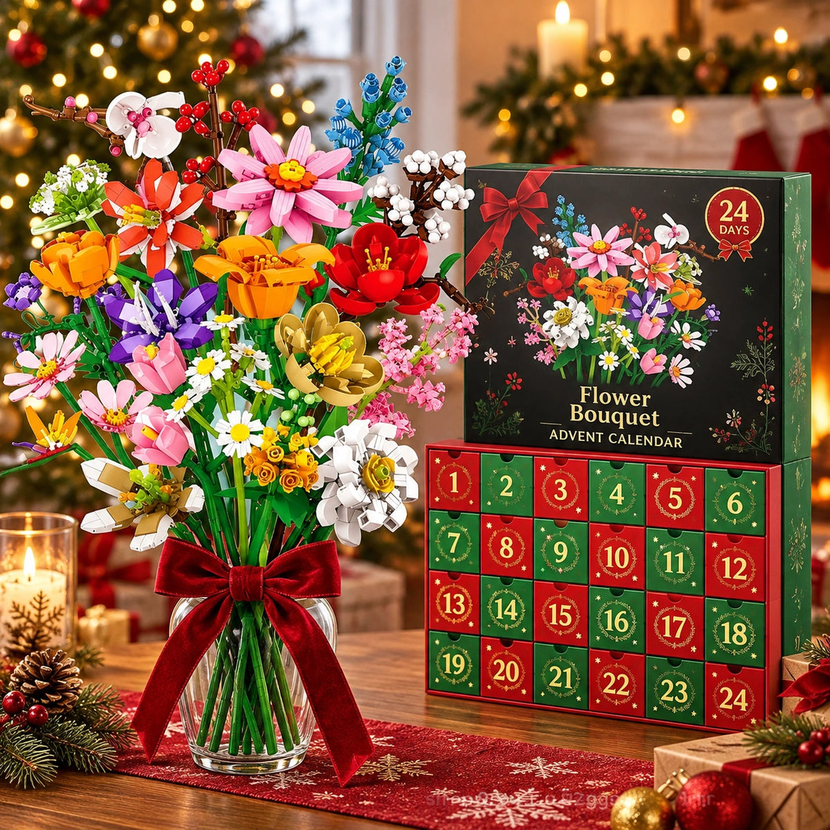 Flower Bouquet Christmas Countdown Building Blocks Set – 24-Day Advent Calendar DIY Floral Gift