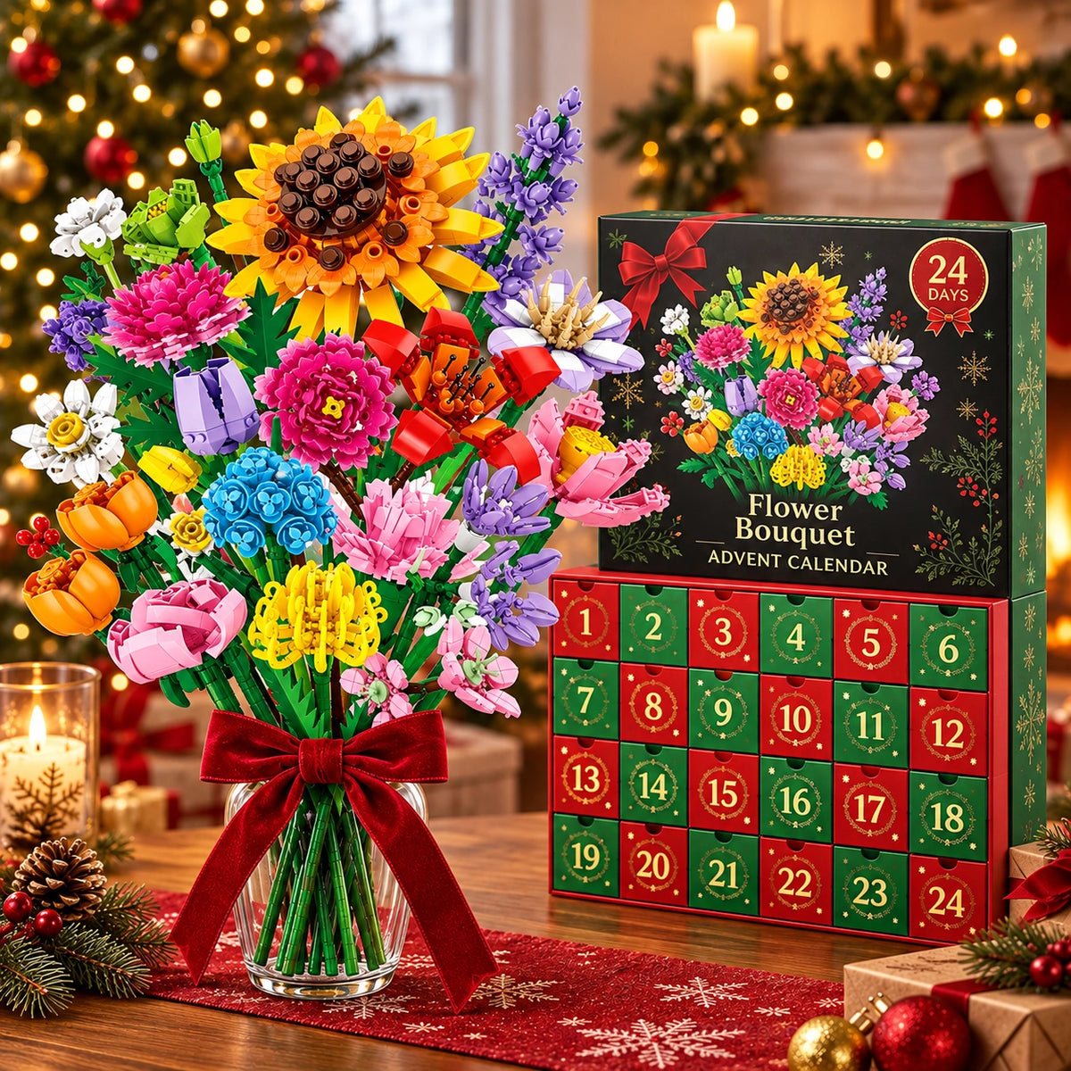 Flower Bouquet Christmas Countdown Building Blocks Set – 24-Day Advent Calendar DIY Floral Gift