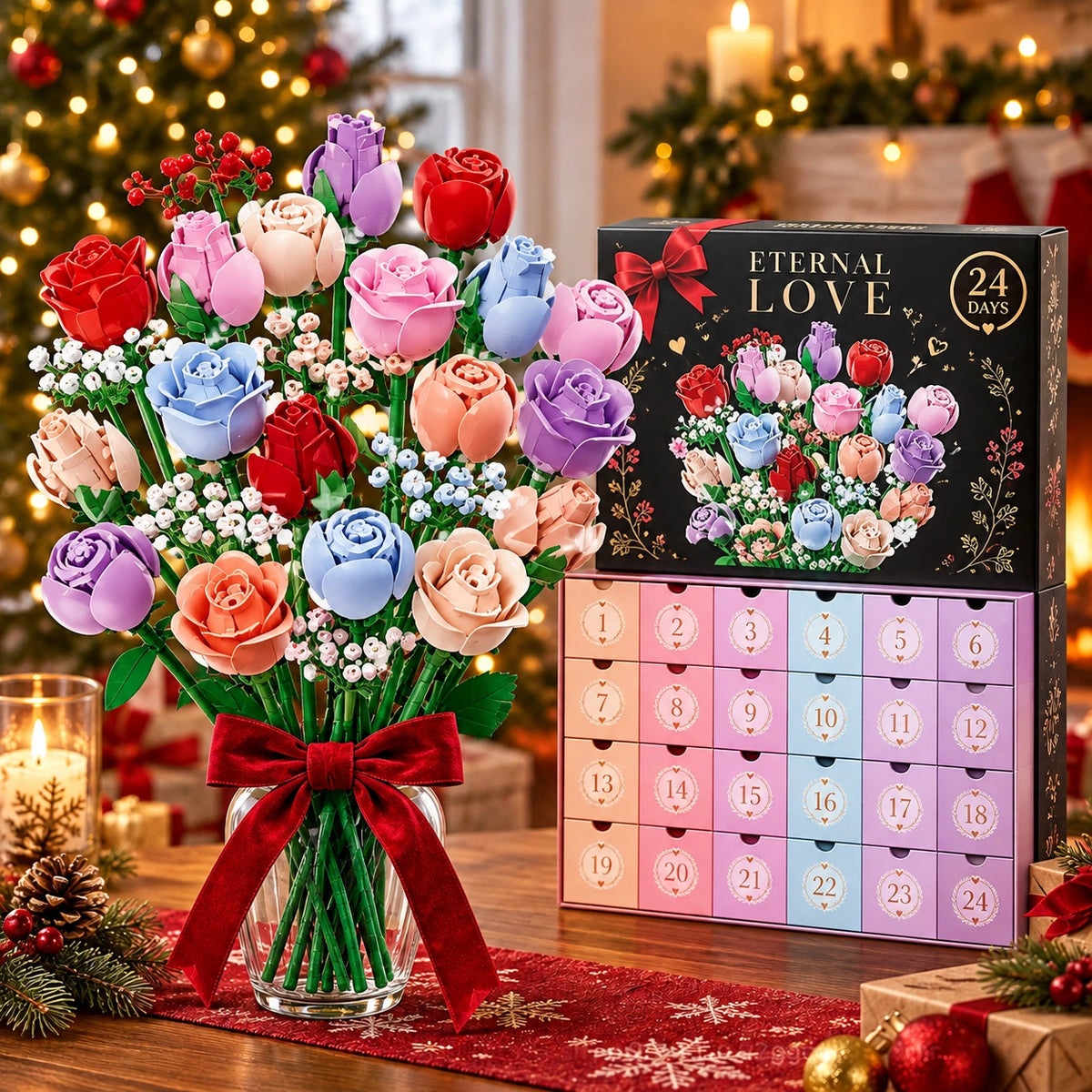 Flower Bouquet Christmas Countdown Building Blocks Set – 24-Day Advent Calendar DIY Floral Gift