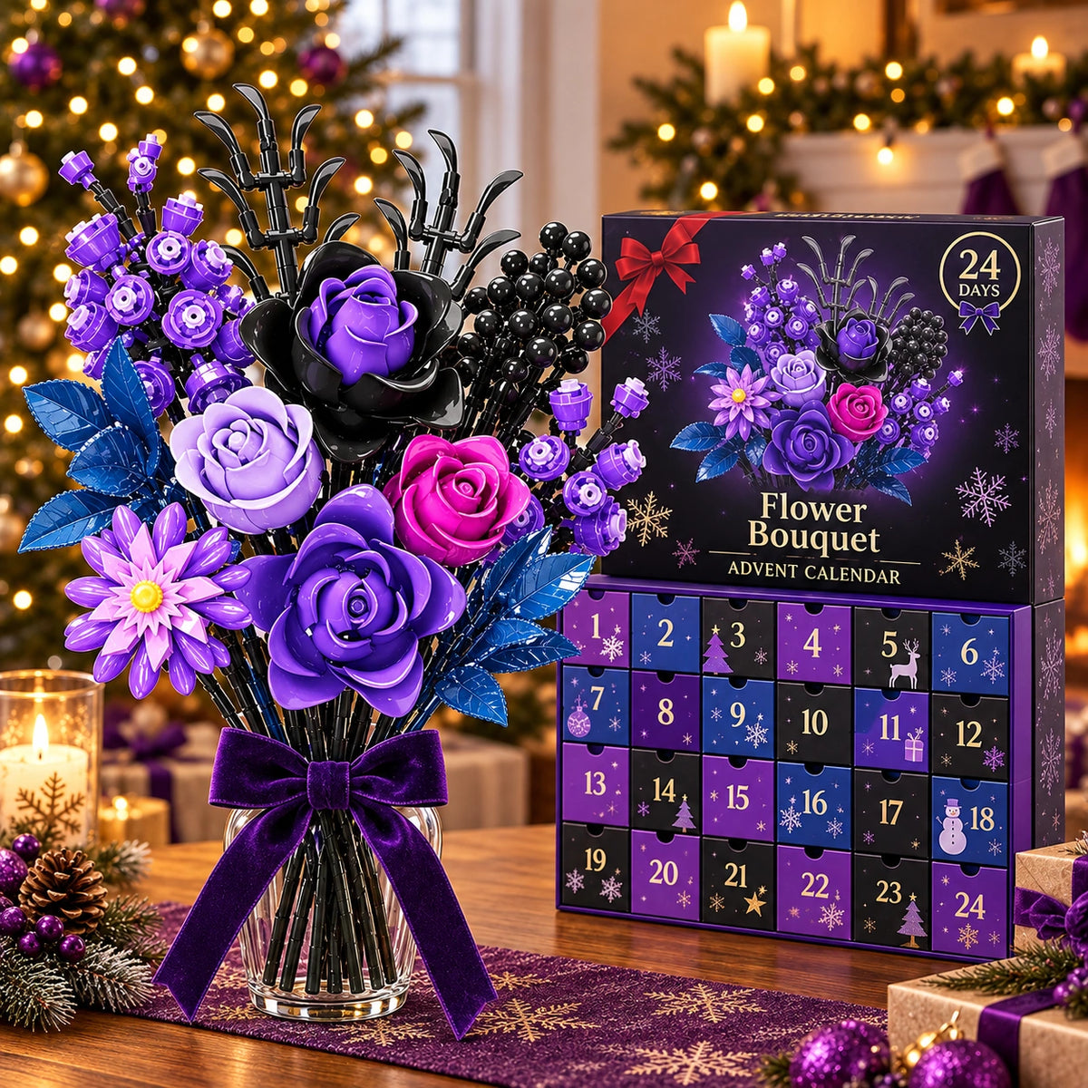 Flower Bouquet Christmas Countdown Building Blocks Set – 24-Day Advent Calendar DIY Floral Gift