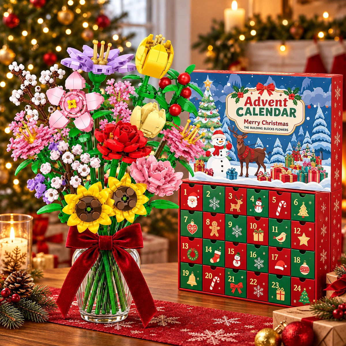Flower Bouquet Christmas Countdown Building Blocks Set – 24-Day Advent Calendar DIY Floral Gift