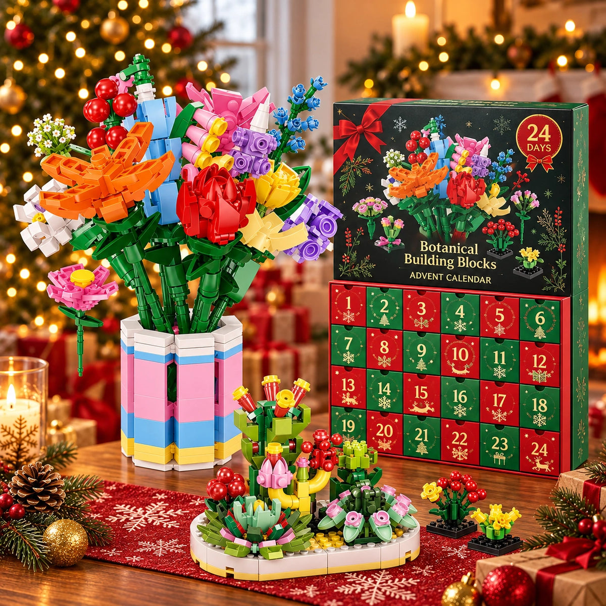 Flower Bouquet Christmas Countdown Building Blocks Set – 24-Day Advent Calendar DIY Floral Gift