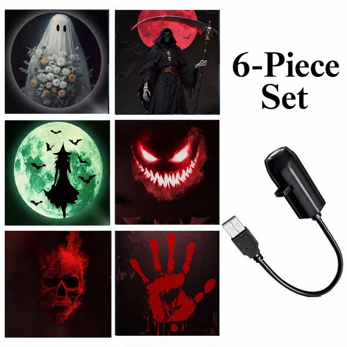Halloween LED Projection Light – 6 Interchangeable Spooky Patterns USB Projector  SKU