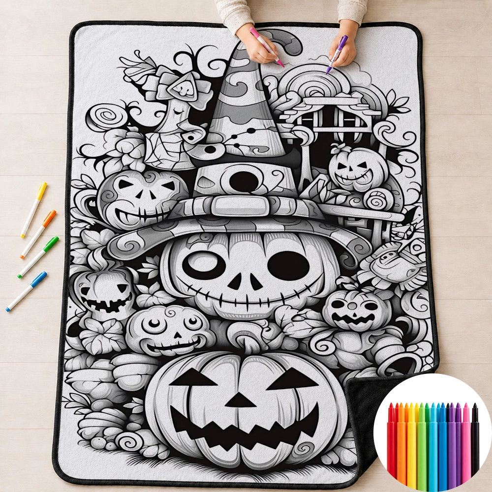Halloween DIY Coloring Blanket for Kids & Family – Reusable Double-Layer Fleece Art Blanket with Markers