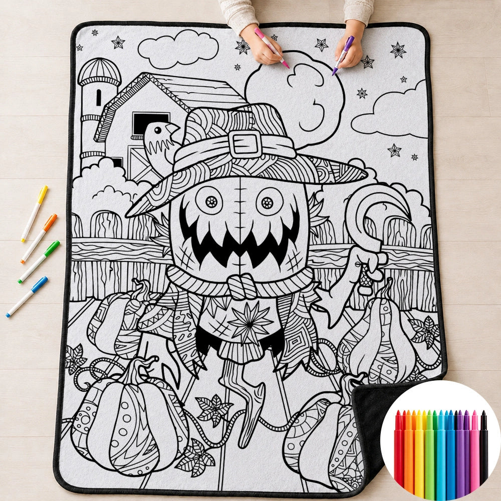 Halloween DIY Coloring Blanket for Kids & Family – Reusable Double-Layer Fleece Art Blanket with Markers