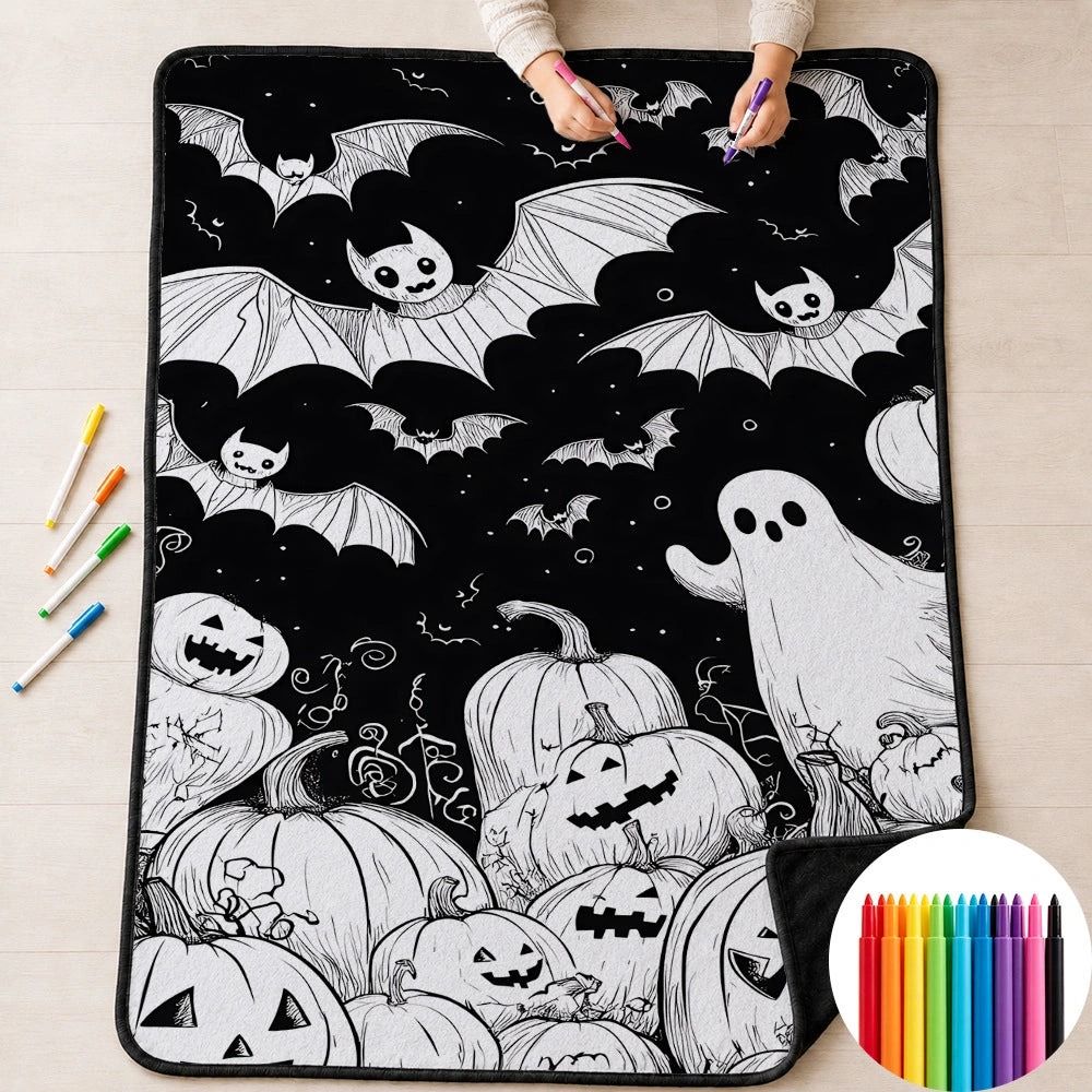 Halloween DIY Coloring Blanket for Kids & Family – Reusable Double-Layer Fleece Art Blanket with Markers