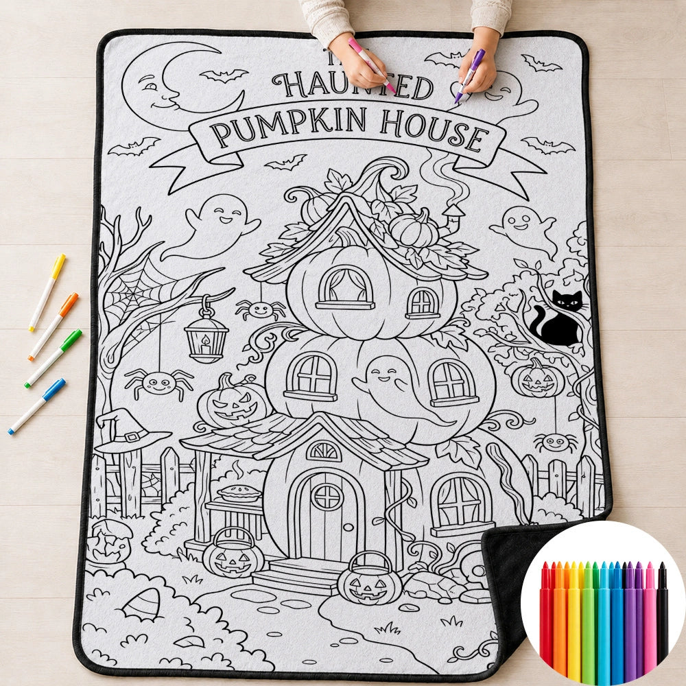 Halloween DIY Coloring Blanket for Kids & Family – Reusable Double-Layer Fleece Art Blanket with Markers