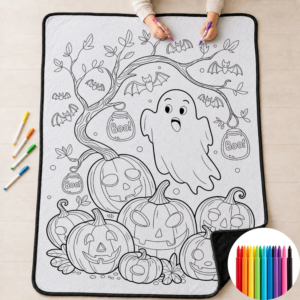 Halloween DIY Coloring Blanket for Kids & Family – Reusable Double-Layer Fleece Art Blanket with Markers