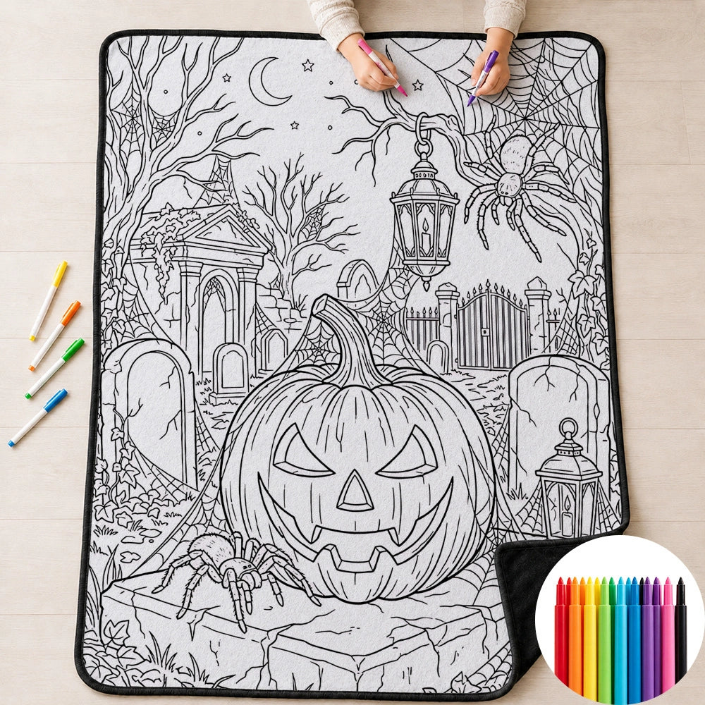 Halloween DIY Coloring Blanket for Kids & Family – Reusable Double-Layer Fleece Art Blanket with Markers