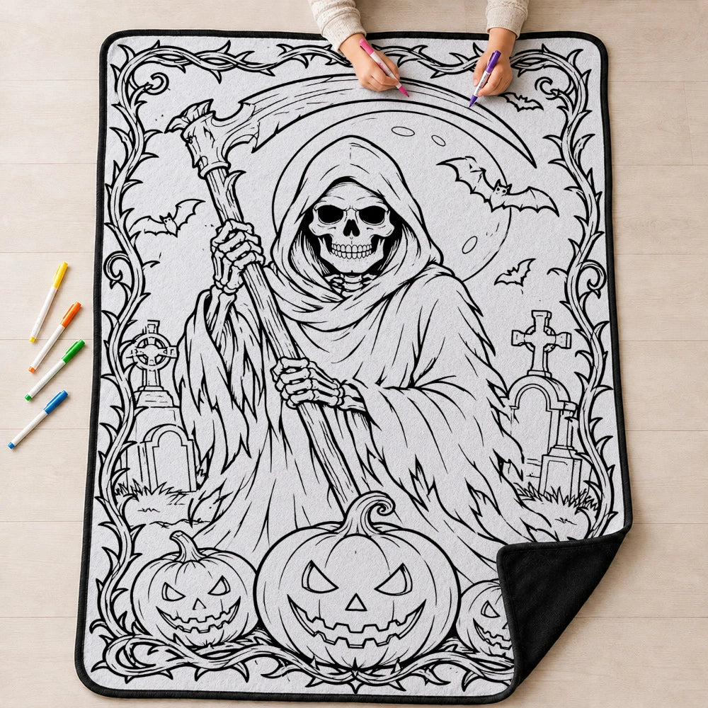 Halloween DIY Coloring Blanket for Kids & Family – Reusable Double-Layer Fleece Art Blanket with Markers