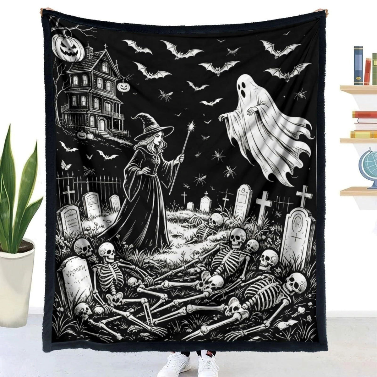 Halloween DIY Coloring Blanket for Kids & Family – Reusable Double-Layer Fleece Art Blanket with Markers