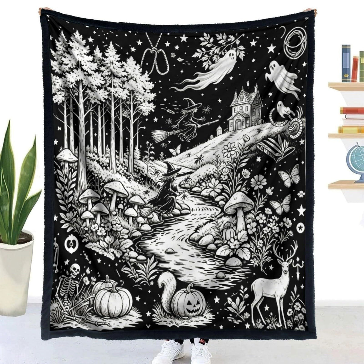 Halloween DIY Coloring Blanket for Kids & Family – Reusable Double-Layer Fleece Art Blanket with Markers