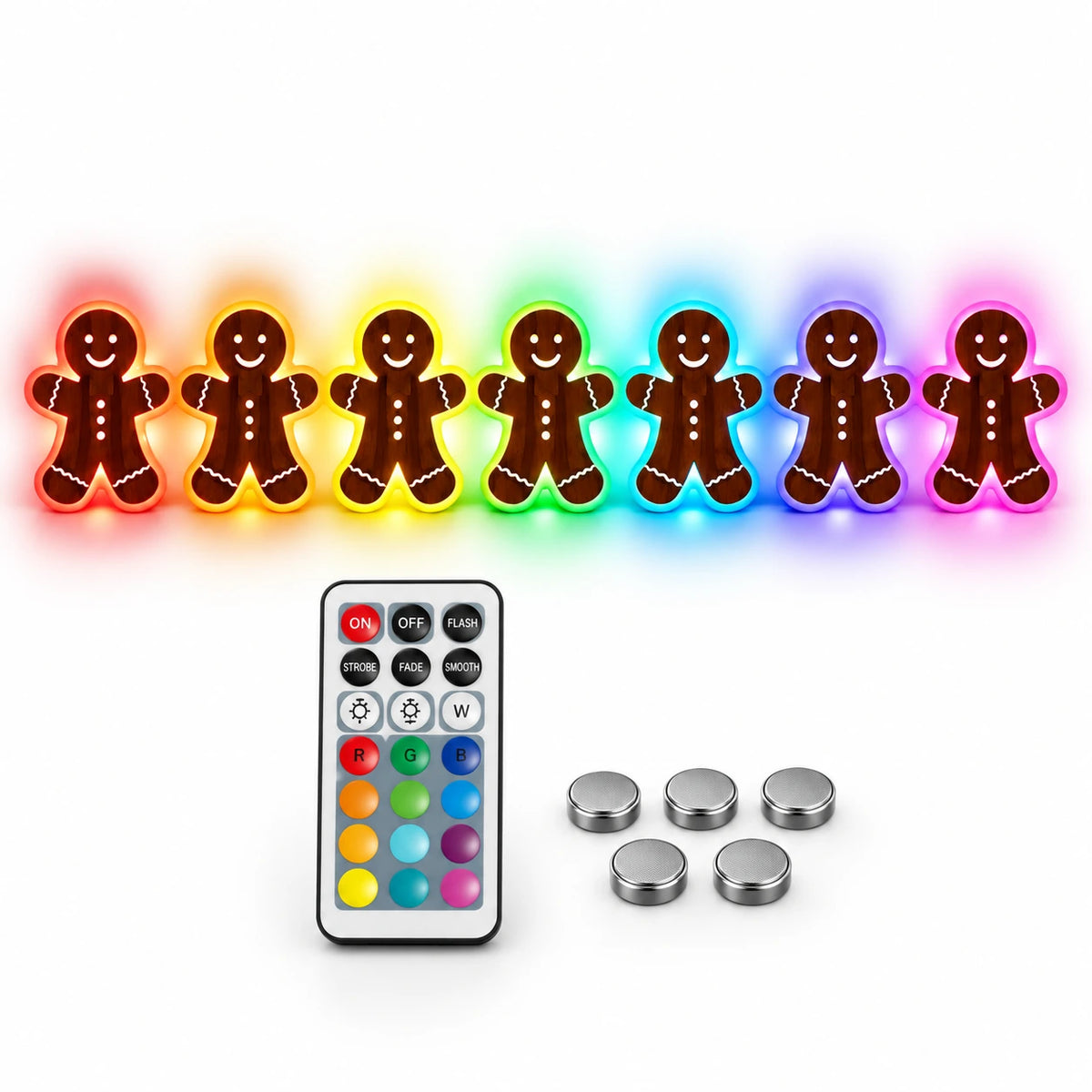 RGB LED gingerbread man Christmas lights featuring seven glowing gingerbread figures, a multicolor remote control and five button batteries on a white background.